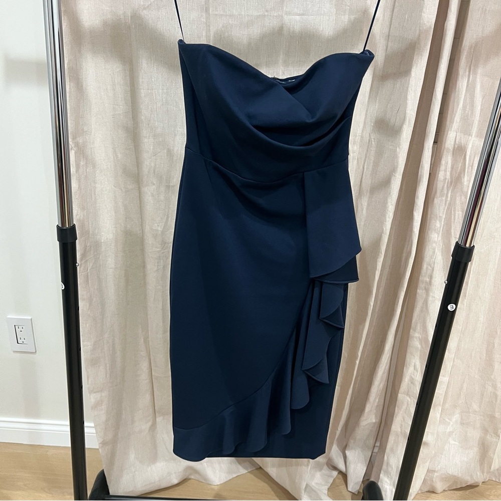 Dress the Population Navy Strapless Ruffle Sheath Dress
